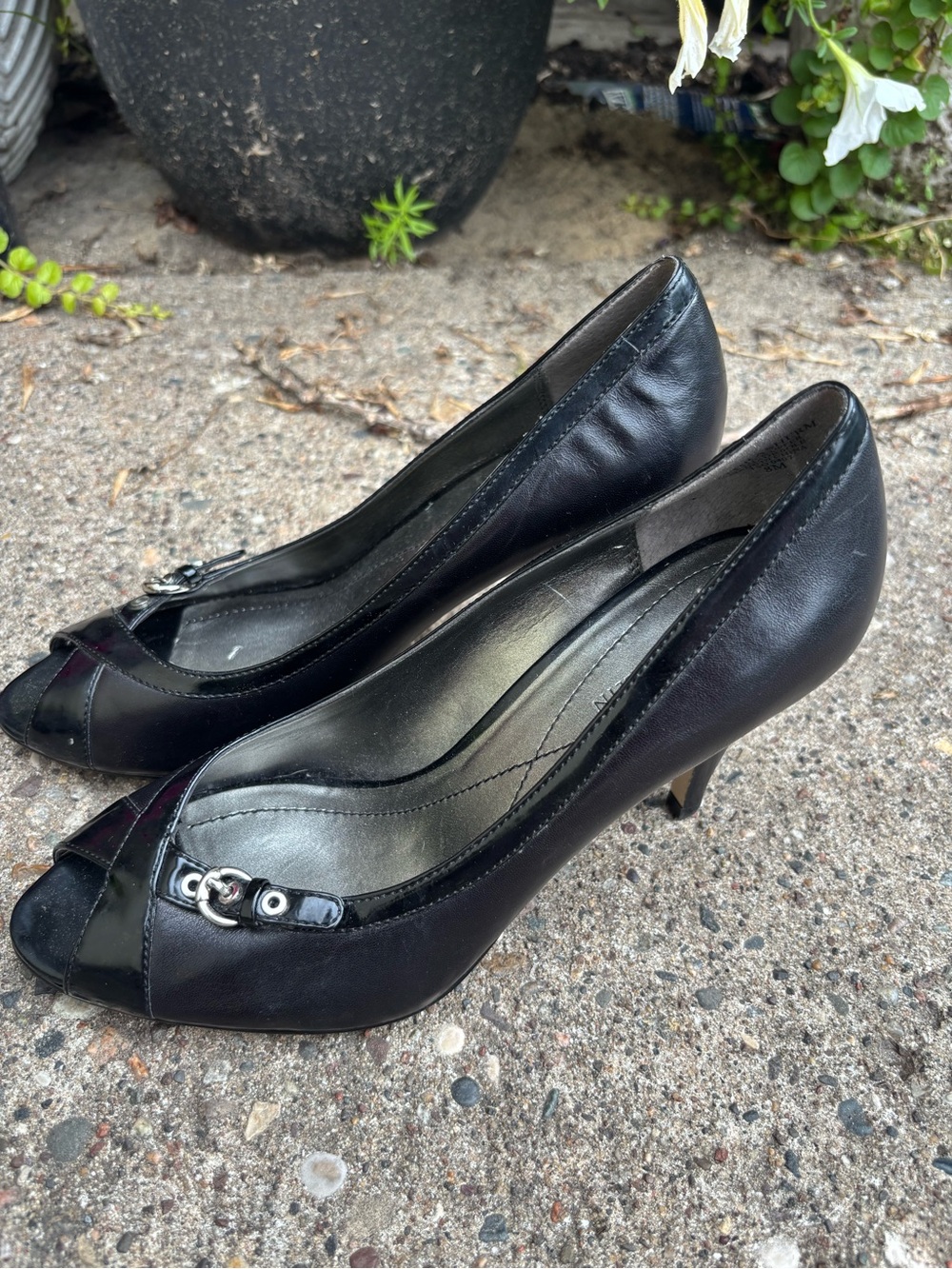Anne Klein Black Peep-Toe Kitten Heel Pumps with Silver Buckle